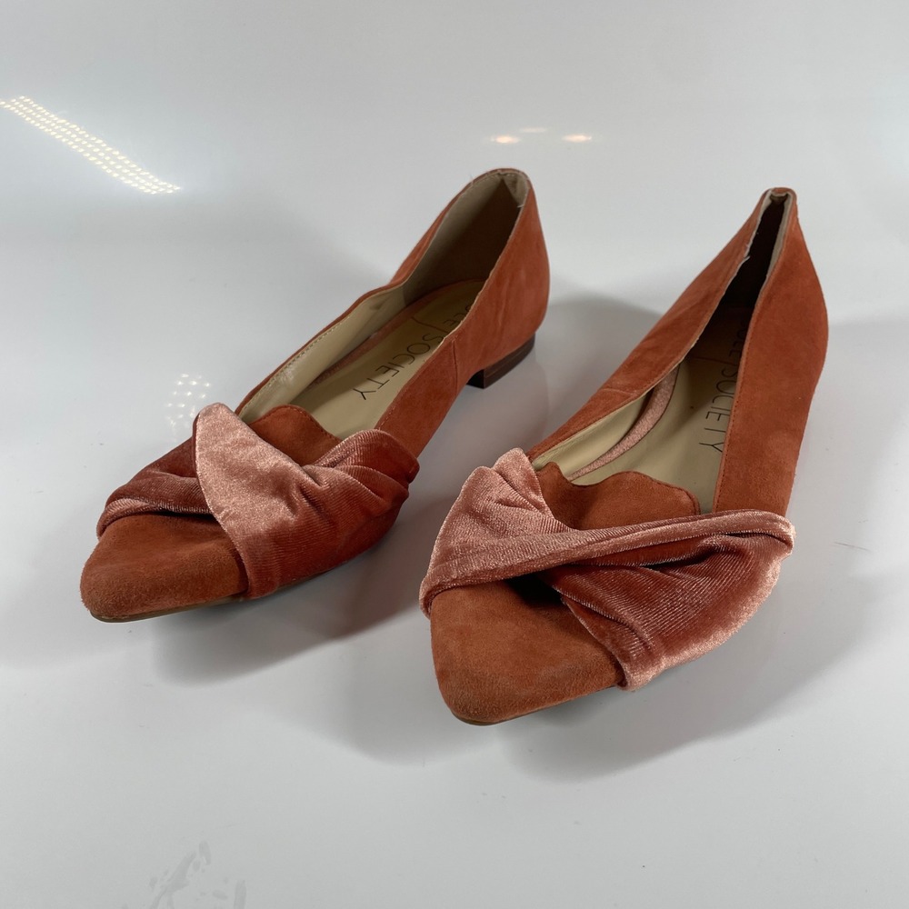 Sz 8.5 Sole Society Lydiah Rust Orange Suede Velvet Bow Pointed Toe Flats Boho